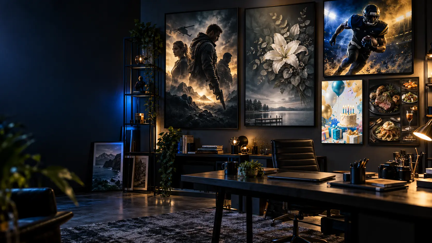 Creative design studio displaying custom movie, memorial, sports, birthday and business poster examples