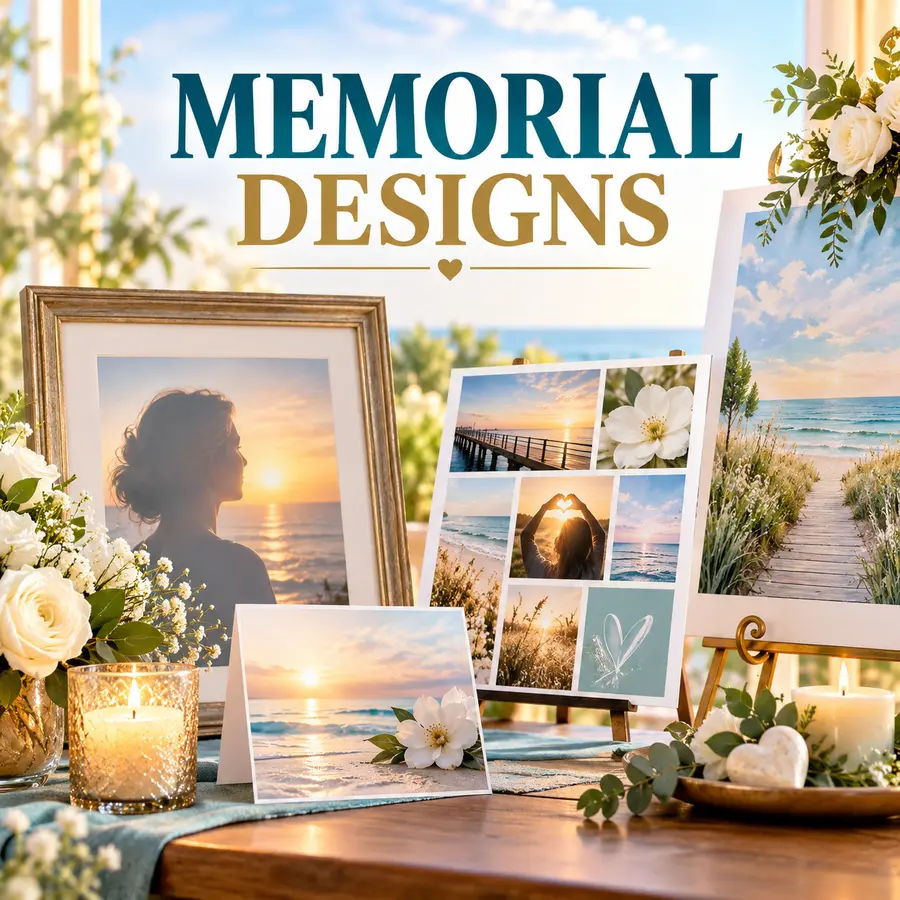 Warm celebration-of-life display with framed photographs, flowers and candles